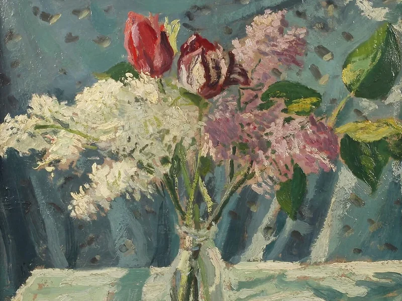 1869-Alfred Swieykowski - Natura morta floreale con tulipani rossi e lillà viola e bianchi in un vaso di vetro